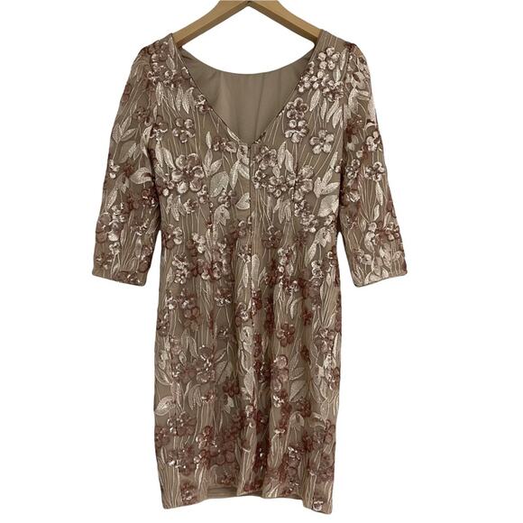 AIDAN AIDAN MATTOX Floral-Embroidered Sequin Dress Cocktail Champagne Size 4 - Picture 6 of 14